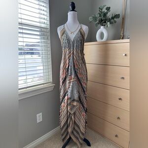 Guess Halter Maxi Dress in Coral, Black, Cream and Tan